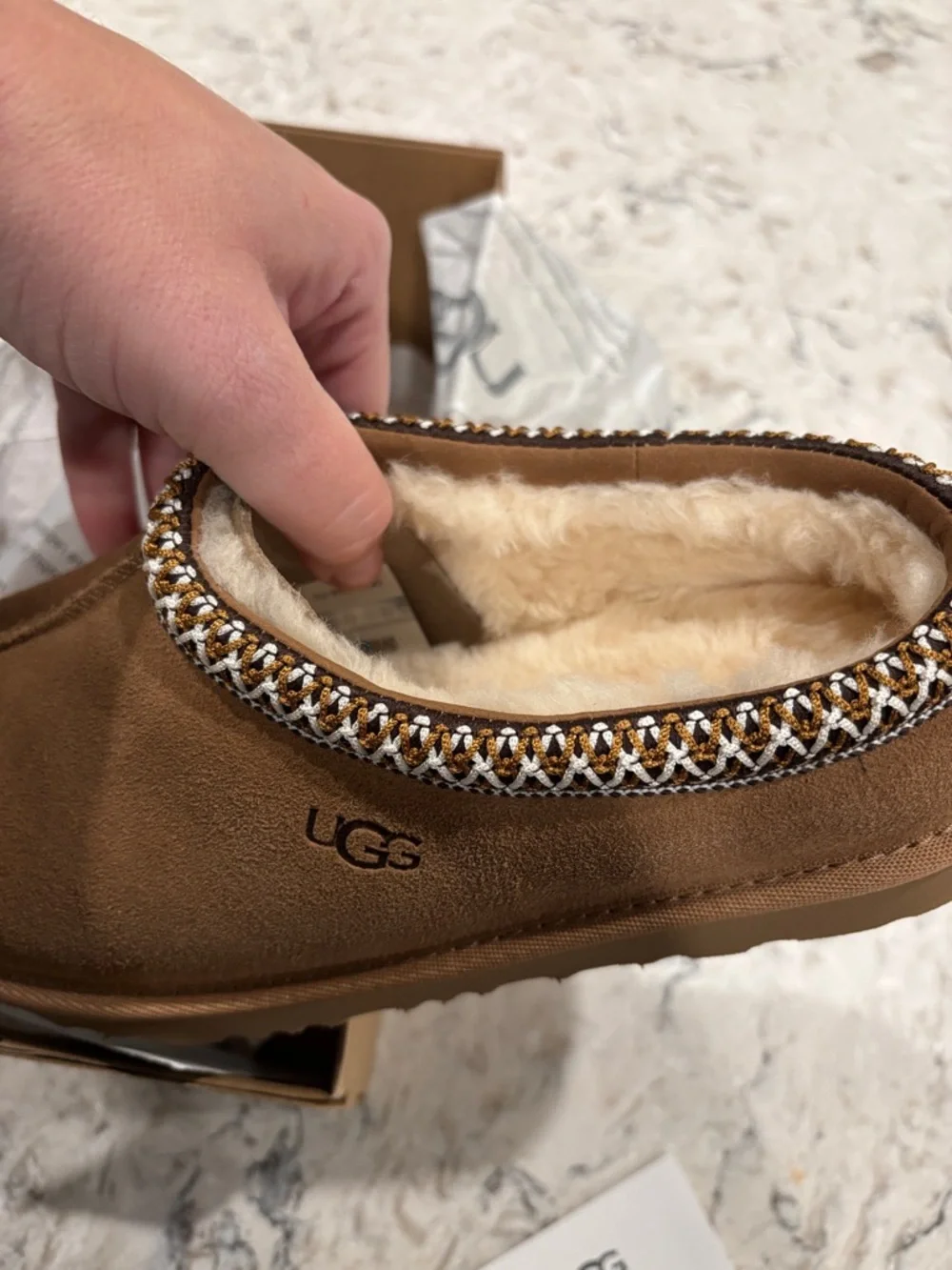 UGG Kids Chestnut Brown Slip-On Clog with Patterned Trim